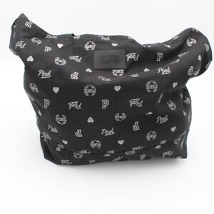 Victoria’s Secret Pink Logo Duffle Tote Bag Black Silver Hearts Travel Gym Large